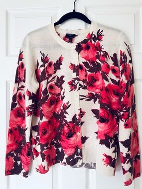 Talbots 100% Cashmere Floral Cardigan Rose Print Button Front